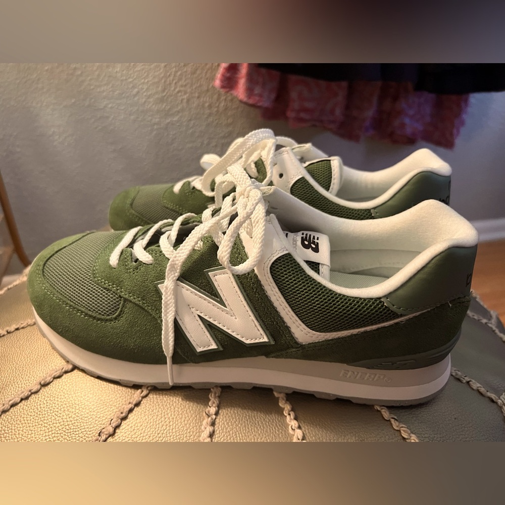 New Balance 574 sneakers, green with white, size 9.5
